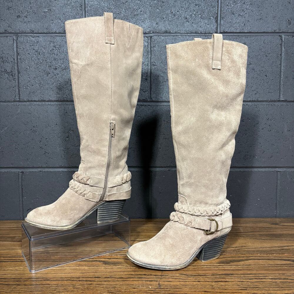 Sole Society Knee High Riding Boots Taupe Suede Braided Strap Women’s 7.5